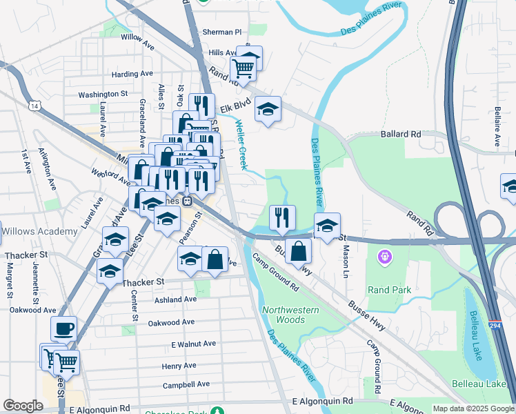 map of restaurants, bars, coffee shops, grocery stores, and more near 1685 Mill Street in Des Plaines