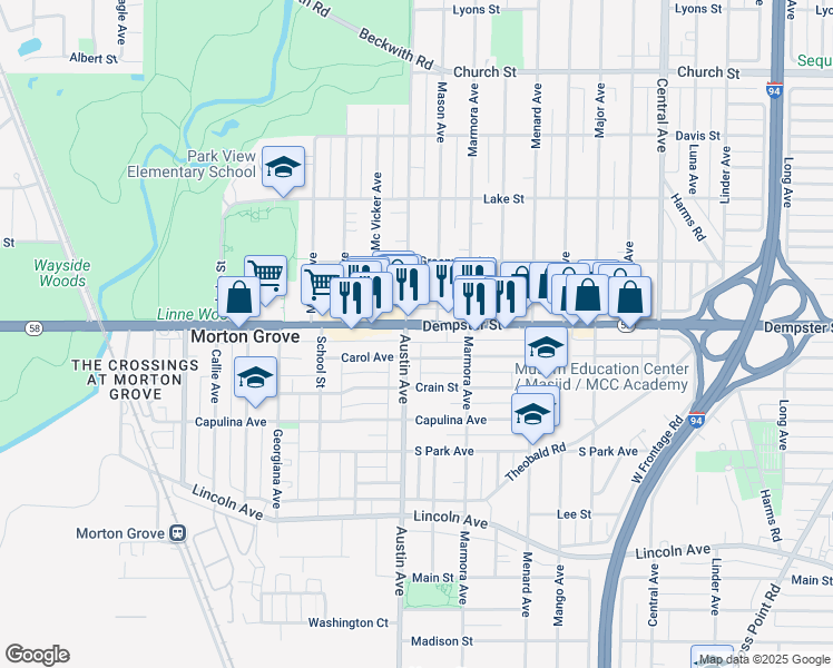 map of restaurants, bars, coffee shops, grocery stores, and more near 5928 Carol Avenue in Morton Grove
