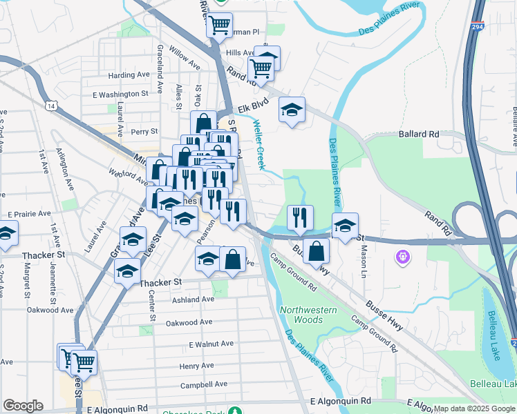map of restaurants, bars, coffee shops, grocery stores, and more near 1675 Mill Street in Des Plaines