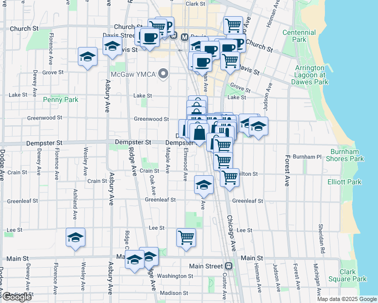 map of restaurants, bars, coffee shops, grocery stores, and more near 1235 Elmwood Avenue in Evanston