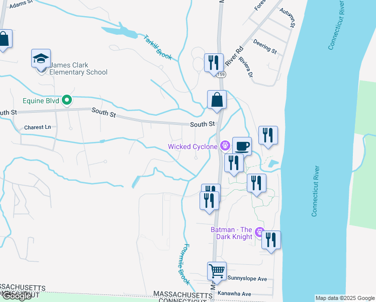map of restaurants, bars, coffee shops, grocery stores, and more near 2-68 Mark Drive in Agawam
