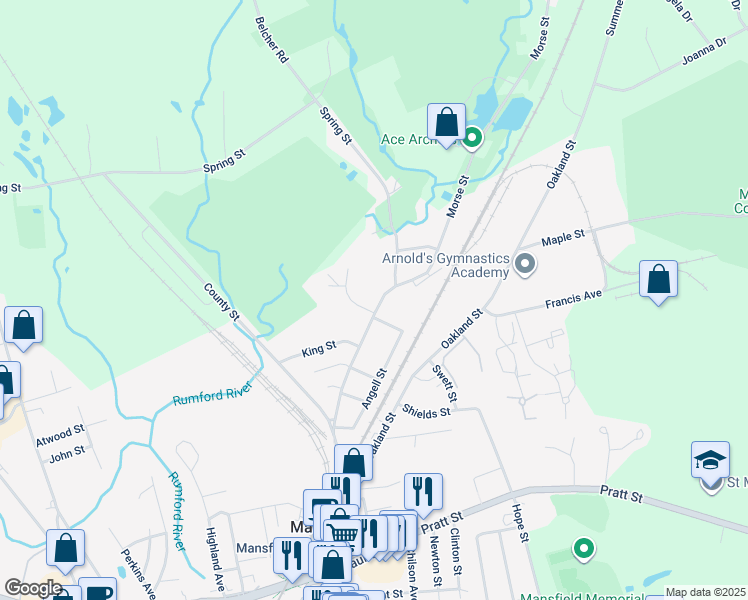 map of restaurants, bars, coffee shops, grocery stores, and more near 632 North Main Street in Mansfield