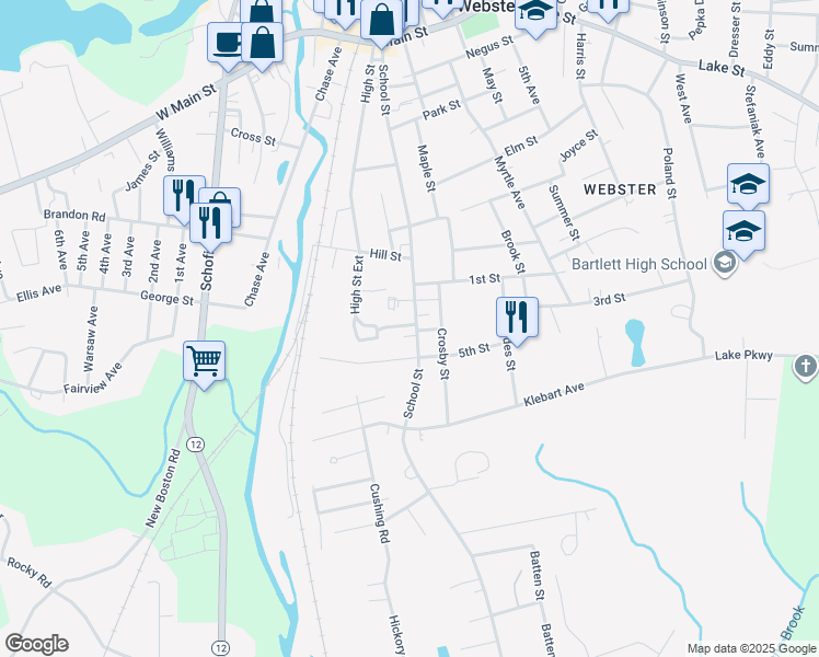 map of restaurants, bars, coffee shops, grocery stores, and more near 560 School Street in Webster