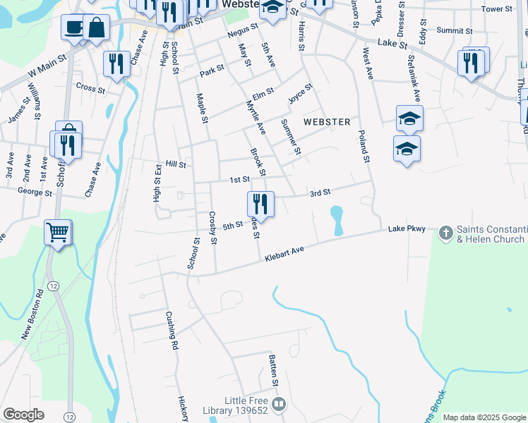 map of restaurants, bars, coffee shops, grocery stores, and more near 42 Brook Street in Webster