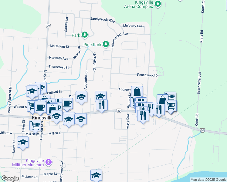 map of restaurants, bars, coffee shops, grocery stores, and more near 213 Applewood Road in Kingsville
