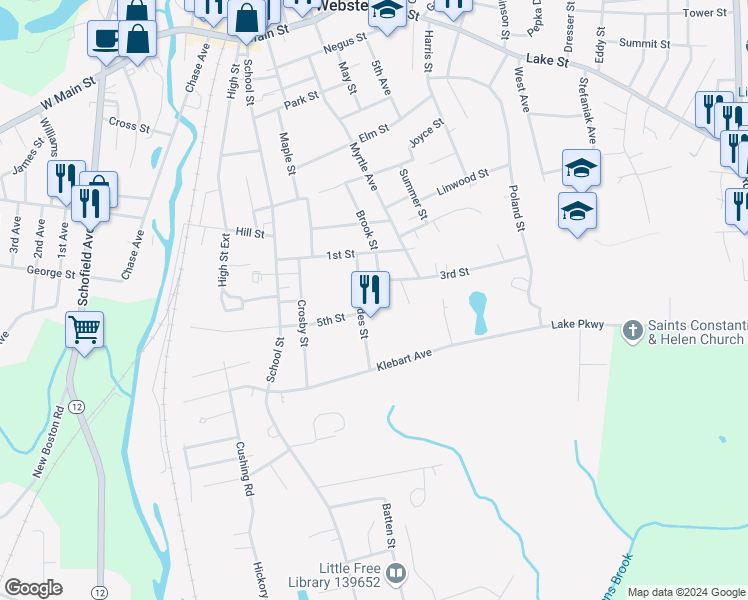 map of restaurants, bars, coffee shops, grocery stores, and more near 42 Brook Street in Webster
