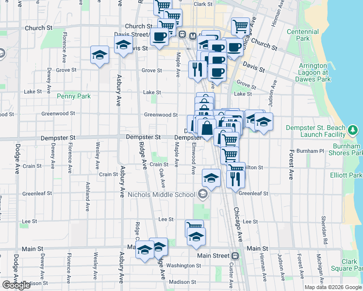 map of restaurants, bars, coffee shops, grocery stores, and more near 1228 Elmwood Avenue in Evanston