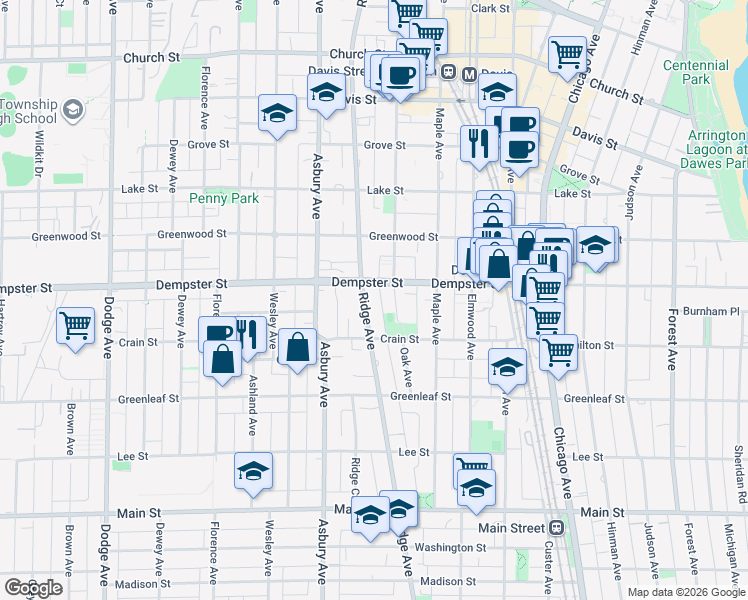 map of restaurants, bars, coffee shops, grocery stores, and more near in Evanston