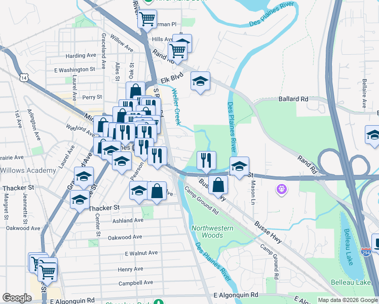 map of restaurants, bars, coffee shops, grocery stores, and more near 1685 Mill Street in Des Plaines