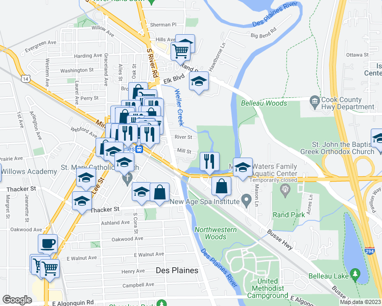 map of restaurants, bars, coffee shops, grocery stores, and more near 1685 Mill Street in Des Plaines