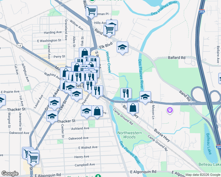 map of restaurants, bars, coffee shops, grocery stores, and more near 1675 Mill Street in Des Plaines