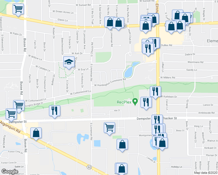 map of restaurants, bars, coffee shops, grocery stores, and more near 705 West Huntington Commons Road in Mount Prospect
