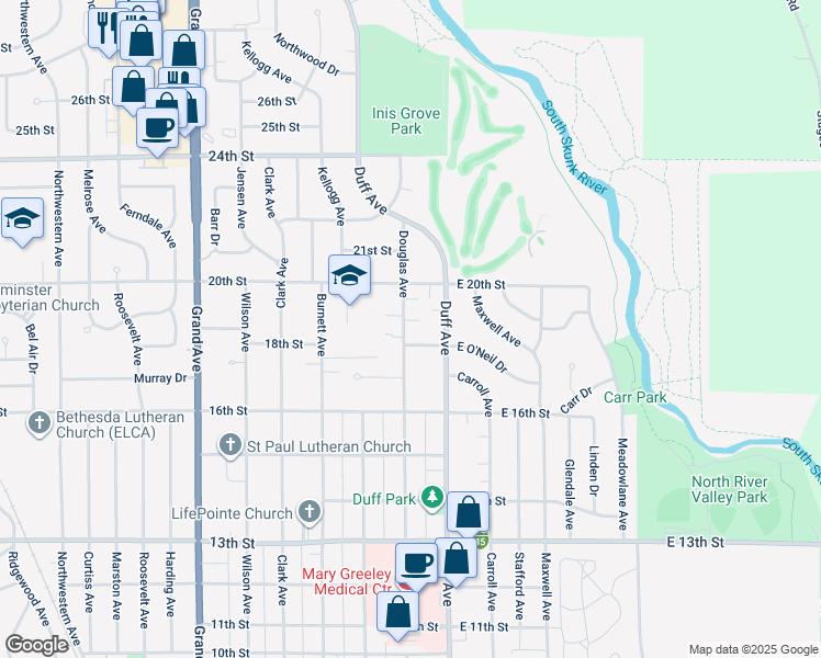 map of restaurants, bars, coffee shops, grocery stores, and more near 1802 Douglas Avenue in Ames