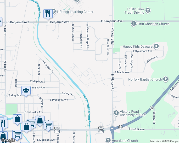 map of restaurants, bars, coffee shops, grocery stores, and more near 900 Blue Stem Circle in Norfolk