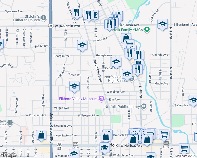 map of restaurants, bars, coffee shops, grocery stores, and more near 805 Queen City Boulevard in Norfolk