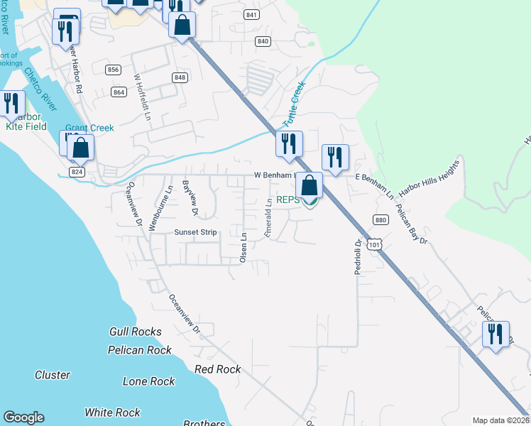 map of restaurants, bars, coffee shops, grocery stores, and more near 98126 West Benham Lane in Harbor