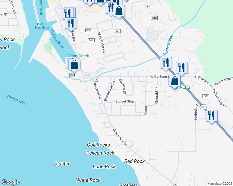 map of restaurants, bars, coffee shops, grocery stores, and more near 97959 Lucas Lane in Brookings