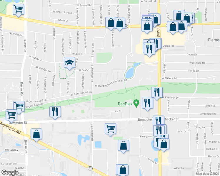 map of restaurants, bars, coffee shops, grocery stores, and more near 705 West Huntington Commons Road in Mount Prospect