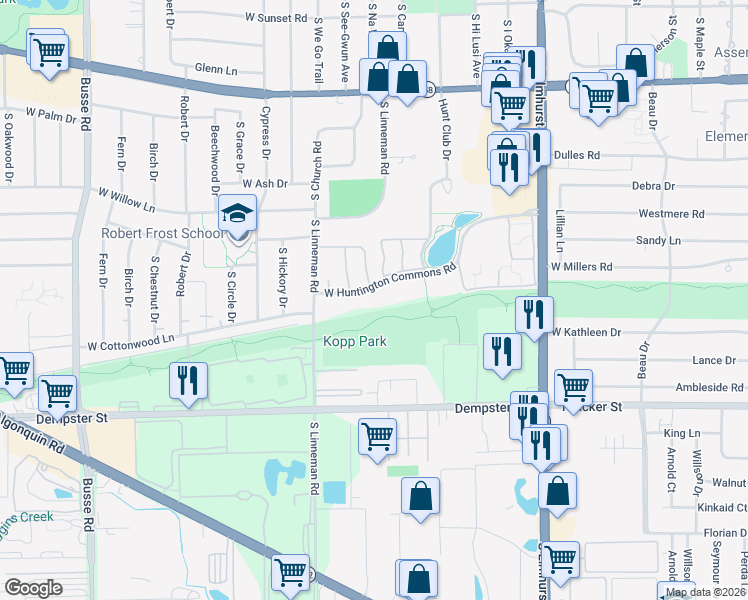 map of restaurants, bars, coffee shops, grocery stores, and more near 705 West Huntington Commons Road in Mount Prospect