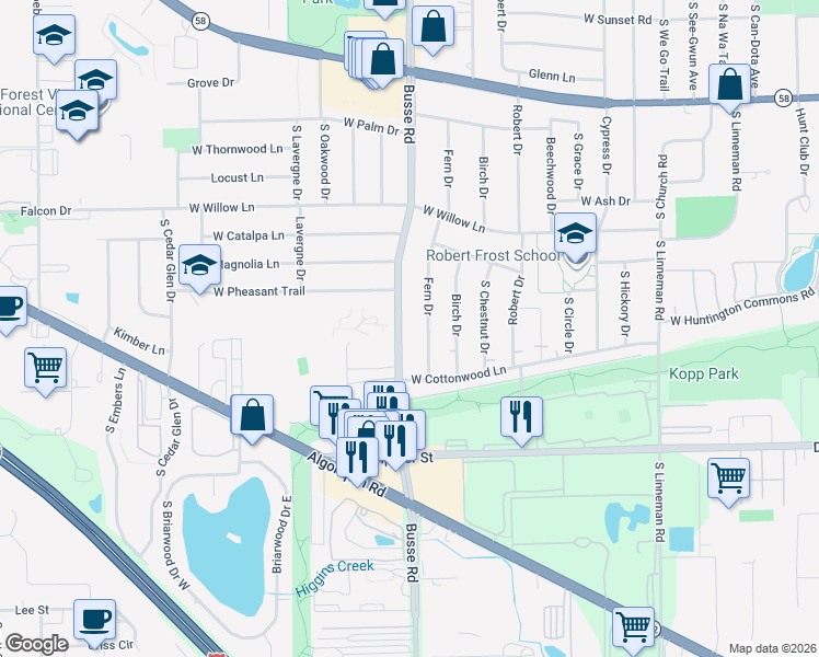 map of restaurants, bars, coffee shops, grocery stores, and more near 1430 Fern Drive in Mount Prospect