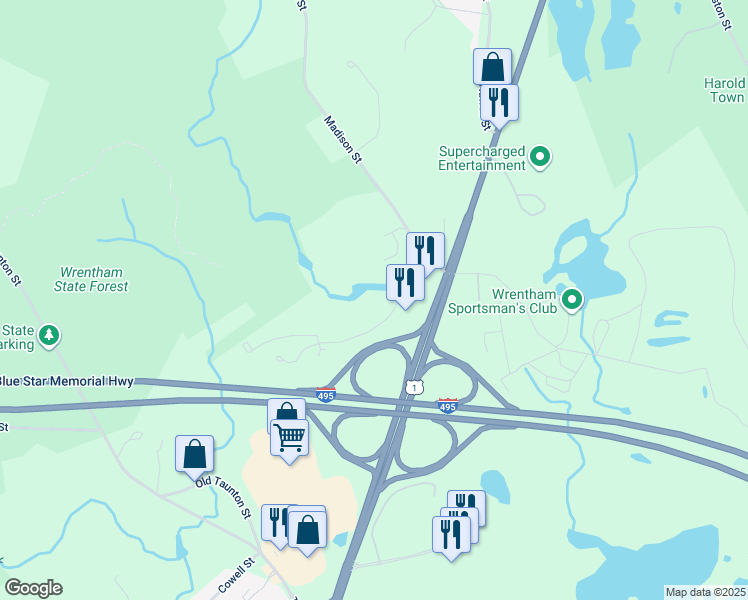 map of restaurants, bars, coffee shops, grocery stores, and more near 30 Ledgeview Way in Wrentham