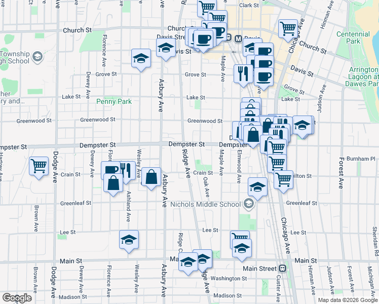 map of restaurants, bars, coffee shops, grocery stores, and more near in Evanston