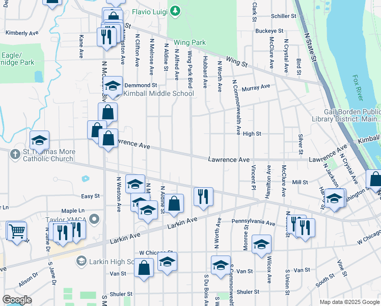 map of restaurants, bars, coffee shops, grocery stores, and more near 306 Wing Park Boulevard in Elgin