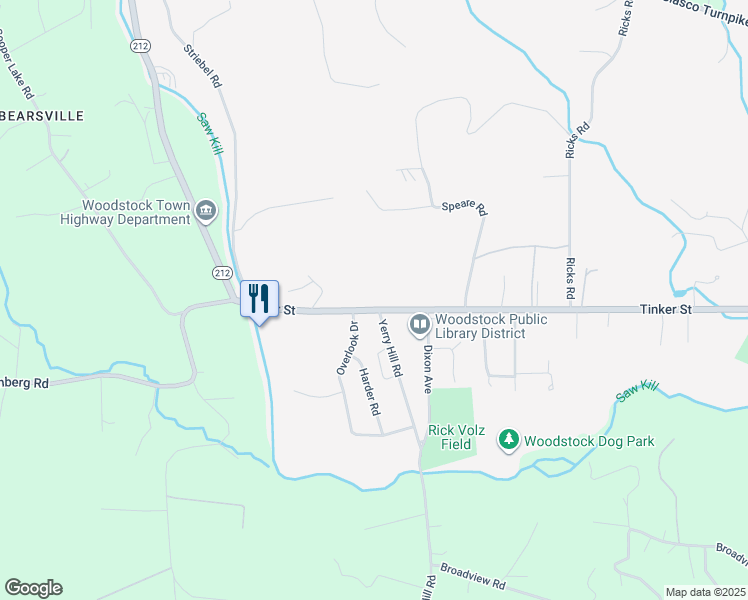 map of restaurants, bars, coffee shops, grocery stores, and more near 268 Tinker Street in Woodstock