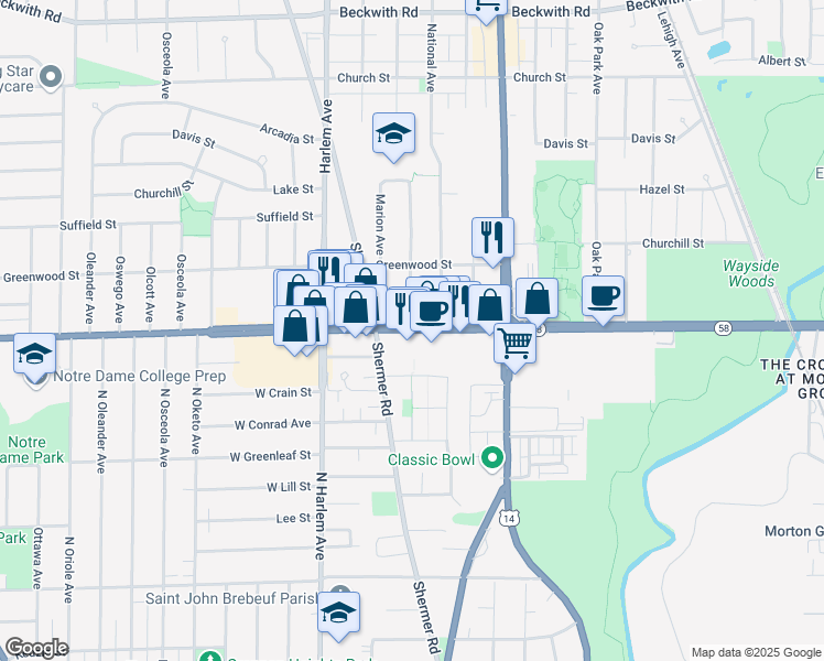 map of restaurants, bars, coffee shops, grocery stores, and more near 7039 Dempster Street in Niles