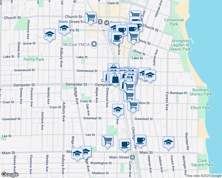 map of restaurants, bars, coffee shops, grocery stores, and more near 1235 Elmwood Avenue in Evanston