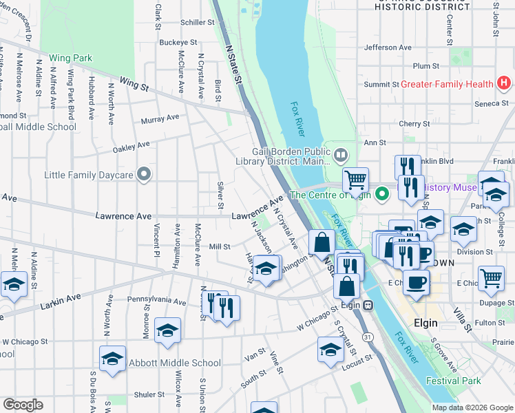 map of restaurants, bars, coffee shops, grocery stores, and more near 318 Lawrence Avenue in Elgin