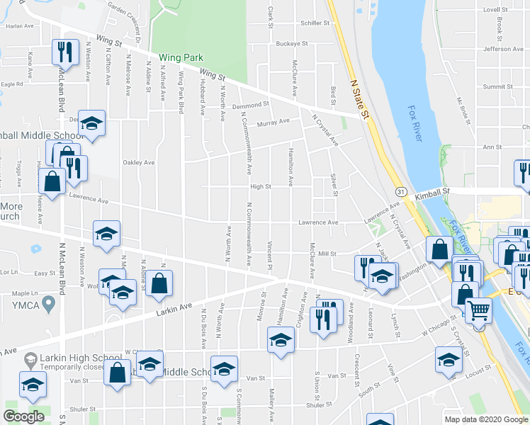 map of restaurants, bars, coffee shops, grocery stores, and more near 308 Vincent Place in Elgin