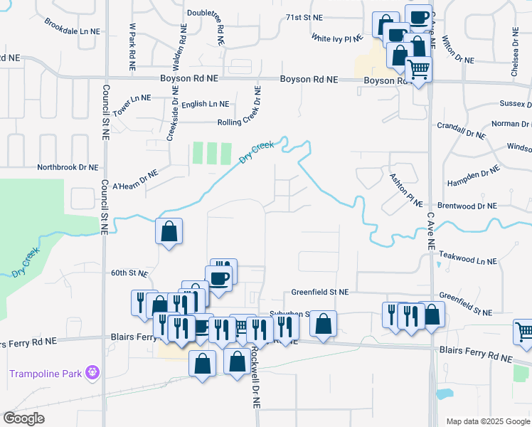 map of restaurants, bars, coffee shops, grocery stores, and more near 6276 Rockwell Drive Northeast in Cedar Rapids