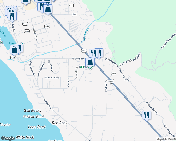 map of restaurants, bars, coffee shops, grocery stores, and more near 98158 West Benham Lane in Brookings