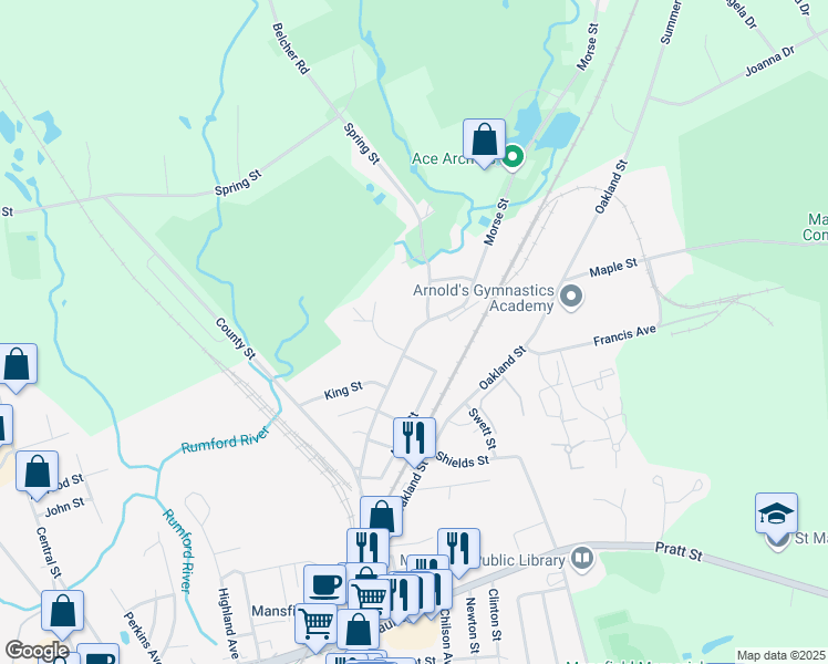 map of restaurants, bars, coffee shops, grocery stores, and more near 632 North Main Street in Mansfield