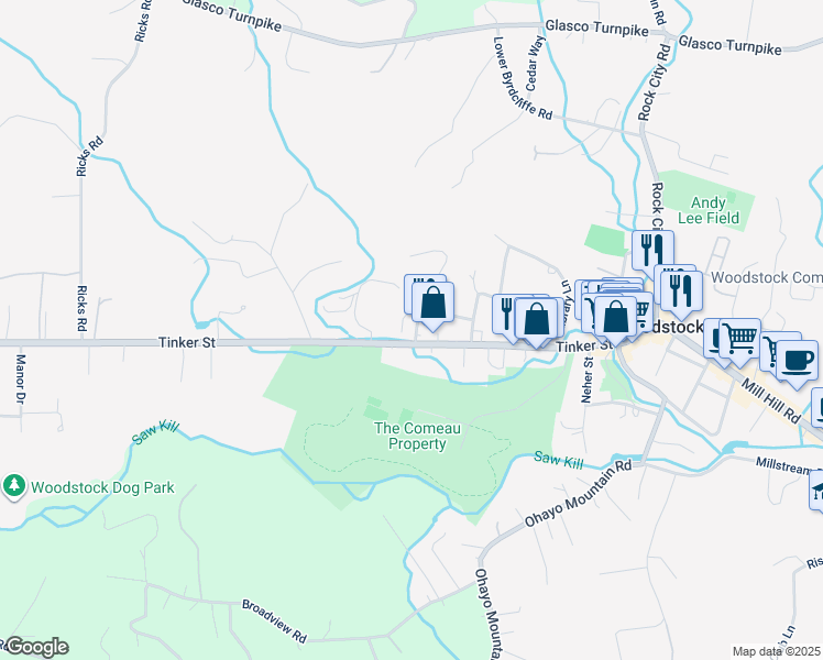 map of restaurants, bars, coffee shops, grocery stores, and more near 151 Tinker Street in Woodstock