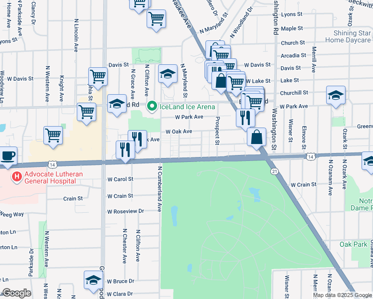 map of restaurants, bars, coffee shops, grocery stores, and more near 8280 West Dempster Street in Niles