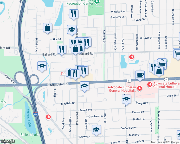 map of restaurants, bars, coffee shops, grocery stores, and more near 9357 Landings Lane in Des Plaines