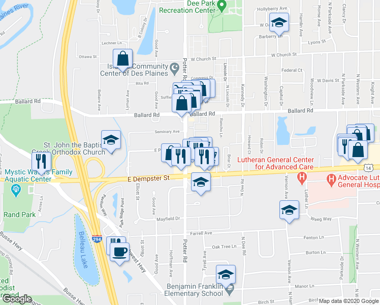 map of restaurants, bars, coffee shops, grocery stores, and more near 9377 Landings Lane in Des Plaines