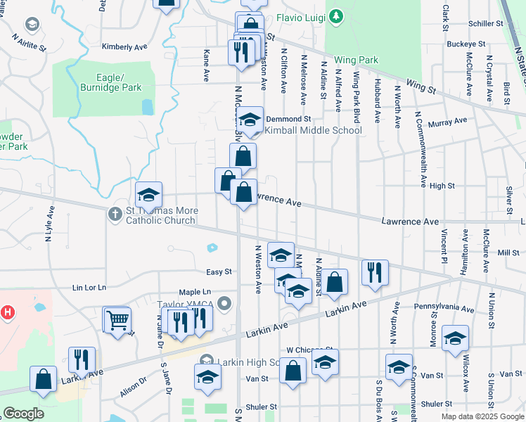 map of restaurants, bars, coffee shops, grocery stores, and more near 216 North Weston Avenue in Elgin