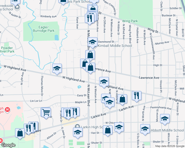 map of restaurants, bars, coffee shops, grocery stores, and more near 224 North Weston Avenue in Elgin