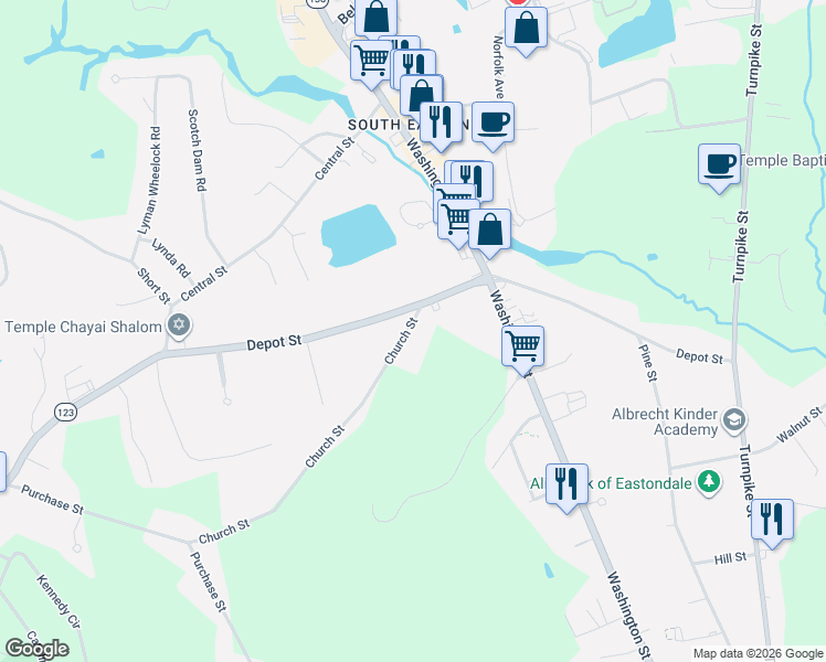 map of restaurants, bars, coffee shops, grocery stores, and more near 16 Church Street in Easton
