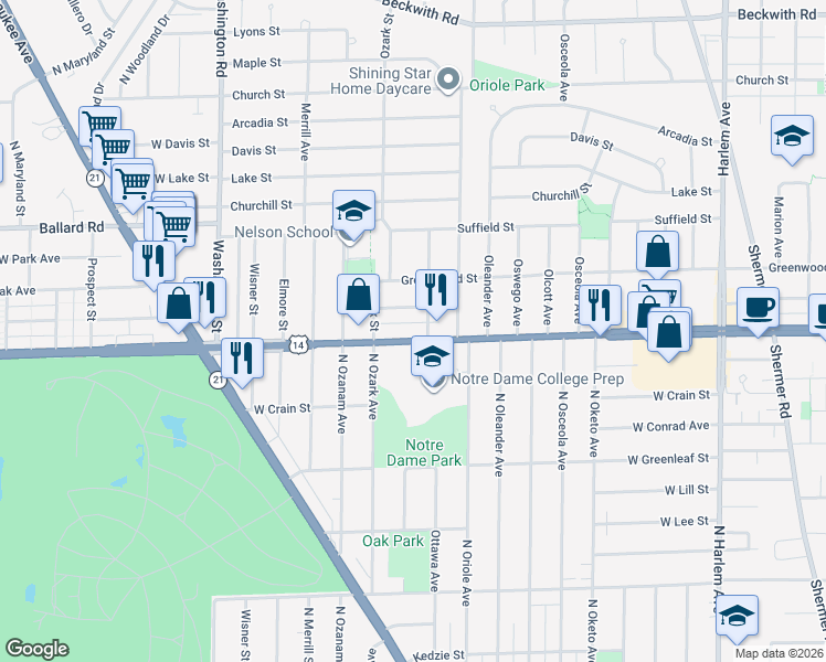map of restaurants, bars, coffee shops, grocery stores, and more near 7710 Dempster Street in Morton Grove
