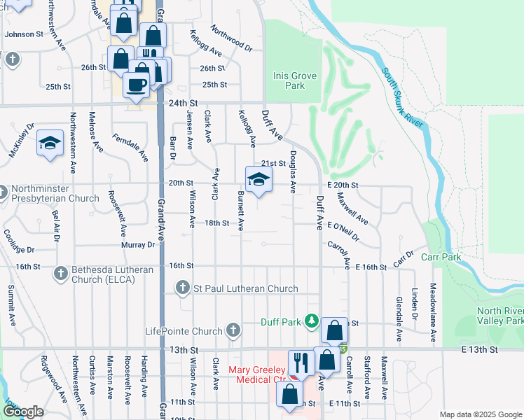 map of restaurants, bars, coffee shops, grocery stores, and more near 300 20th Street in Ames