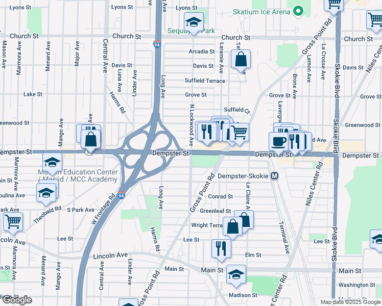 map of restaurants, bars, coffee shops, grocery stores, and more near Dempster St & Lockwood Ave in Skokie