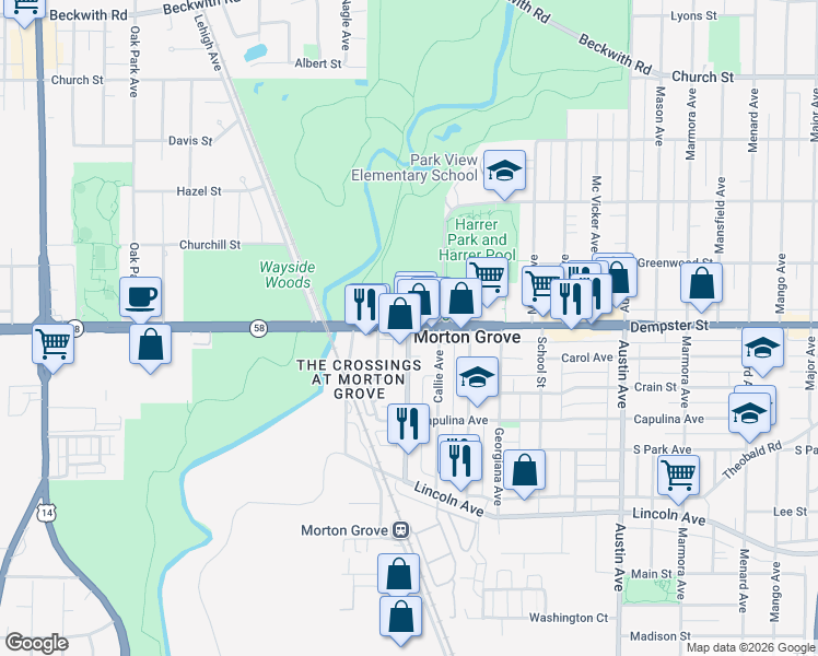 map of restaurants, bars, coffee shops, grocery stores, and more near Dempster St & Ferris Ave in Morton Grove