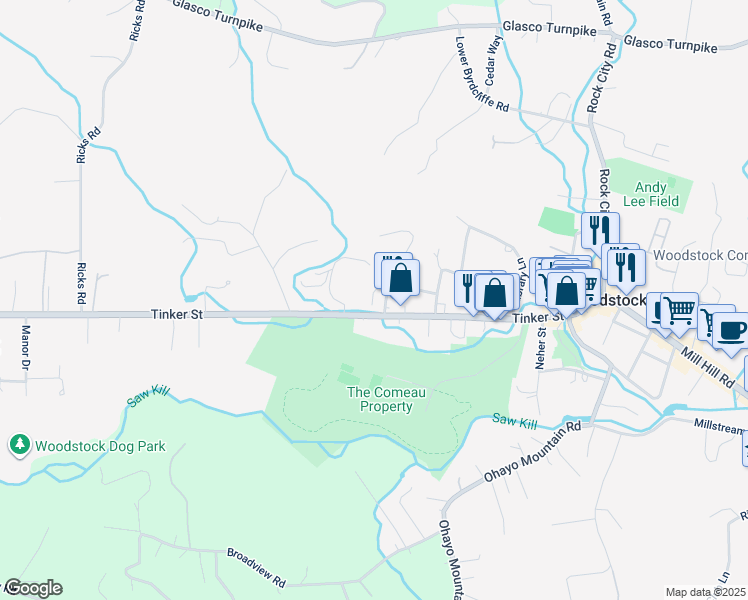 map of restaurants, bars, coffee shops, grocery stores, and more near 151 Tinker Street in Woodstock