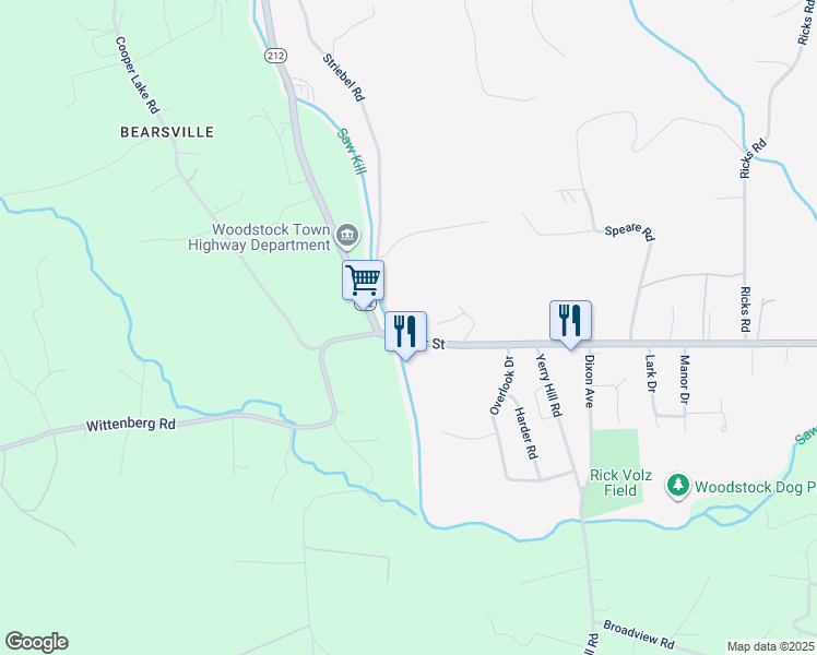 map of restaurants, bars, coffee shops, grocery stores, and more near 285 Tinker Street in Woodstock