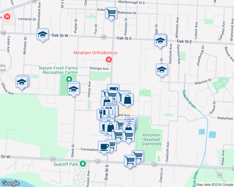 map of restaurants, bars, coffee shops, grocery stores, and more near 2 Babkirk Lane in Essex County