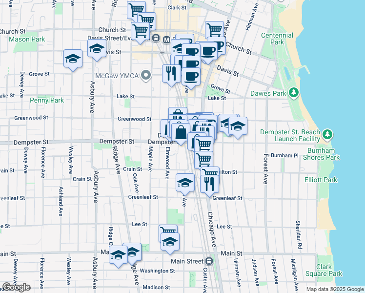 map of restaurants, bars, coffee shops, grocery stores, and more near in Evanston